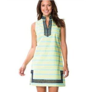 Sail To Sable Blue & Yellow Stripe Slub Cotton Shift Dress Size Medium